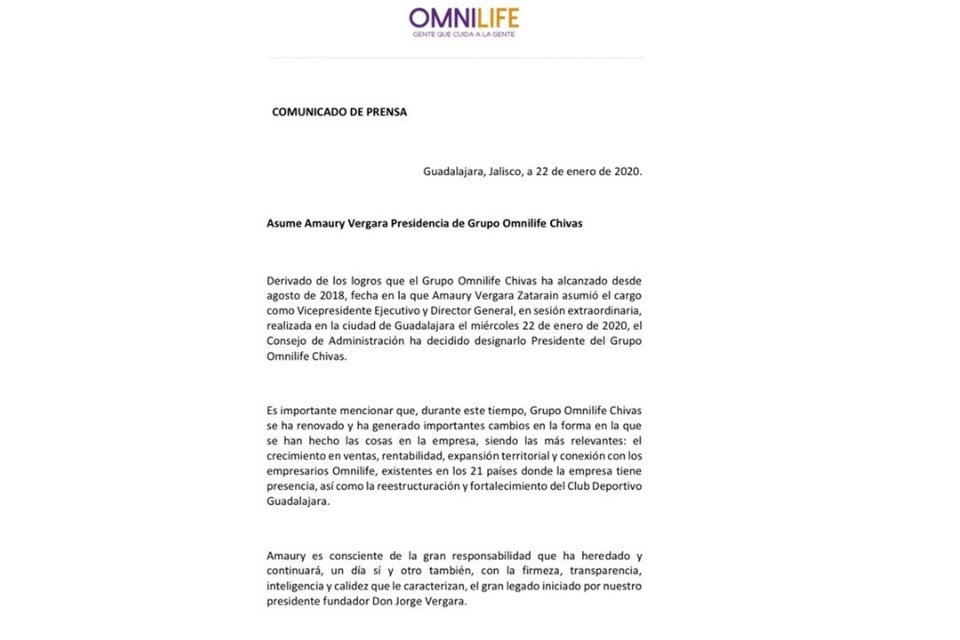 A través de este comunicado se anunció que Amaury Vergara es el Presidente de Omnilife-Chivas.