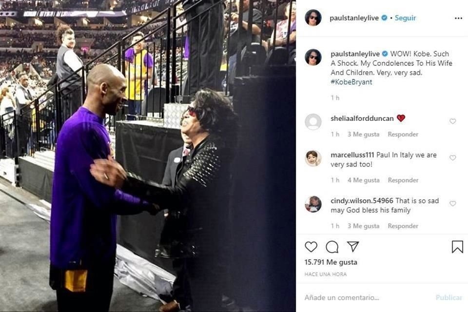 Paul Stanley, lider de la banda Kiss, se dijo sorprendido por la noticia: 'Wooow! Kobe tuvo un choque. Mis condolencias a su esposa e hijos. Muy muy triste'.<br>