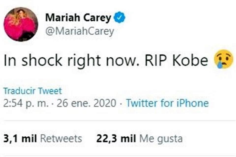 Mariah Carey lo expresó todo en una frase: 'Estoy en shock en este momento, Descansa en paz Kobe'.