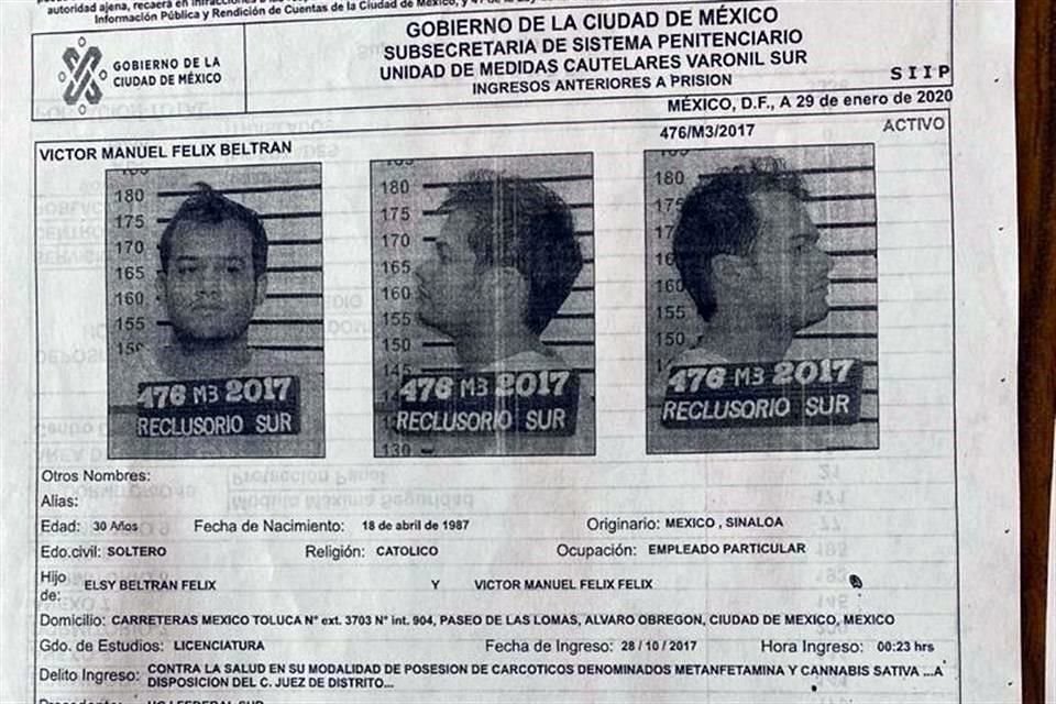 Víctor Manuel Félix Beltrán, recluido por delitos contra la salud.