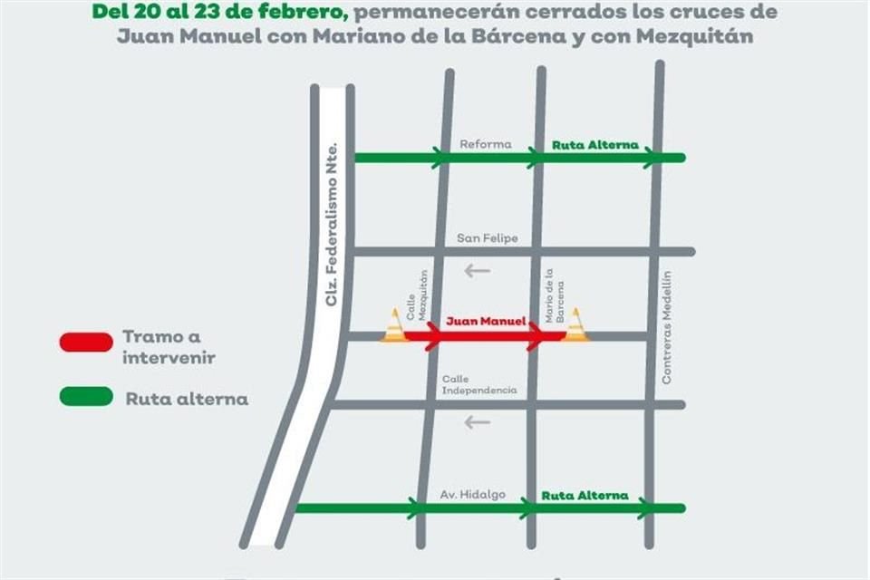 Este jueves cerrarán a la circulación los cruces de Juan Manuel y Mezquitán y Juan Manuel y Mariano de la Bárcena, para colocar concreto.