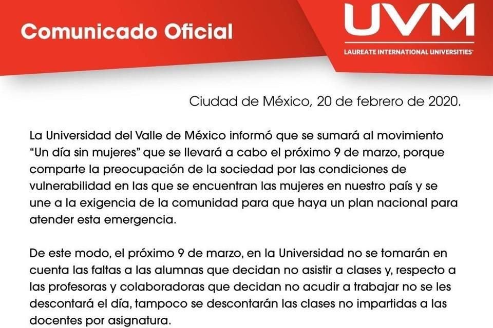 En un comunicado de prensa, la UVM anunció que se sumará al movimiento.