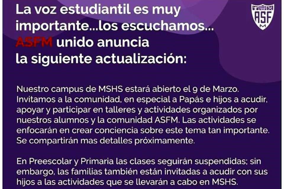 En un primer comunicado el American School avisó que suspenderían clases. El miércoles 26 de febrero rectificaron y avisaron que sólo se llevarían a cabo  actividades para papás y alumnos.