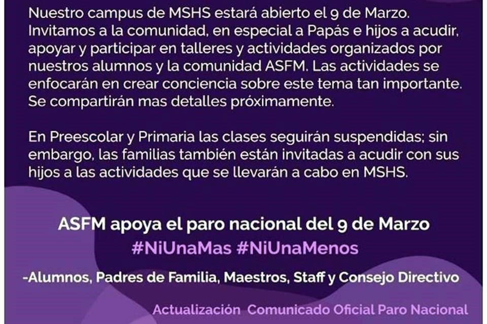 En un primer comunicado el American School avisó que suspenderían clases. El miércoles 26 de febrero rectificaron y avisaron que sólo se llevarían a cabo  actividades para papás y alumnos.