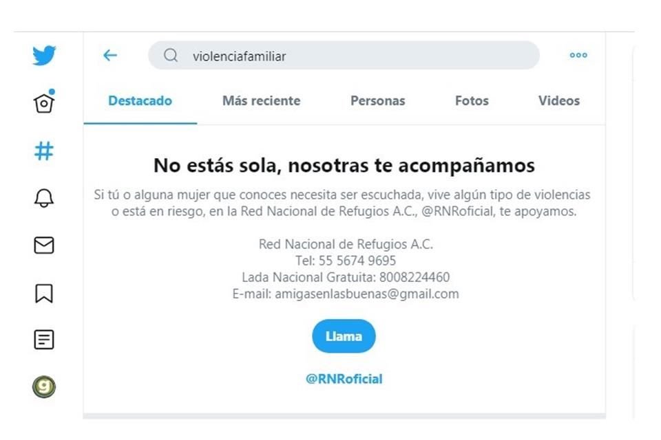 Al buscar términos relacionados con violencia familiar en Twitter, el primer resultado será llamar a una línea de ayuda para víctimas.