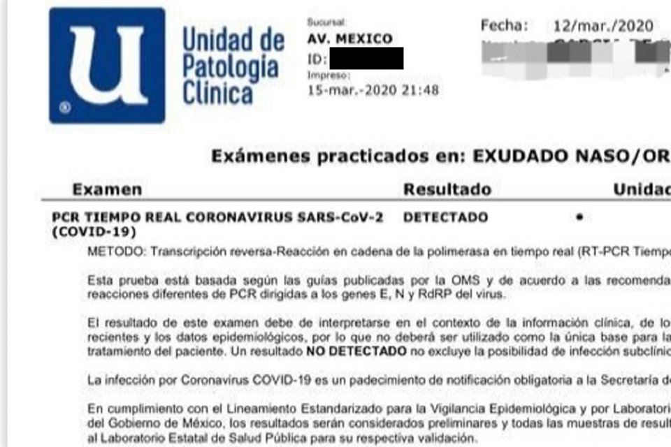 Una persona que arrojó positivo en la prueba del covid-19 compartió con Grupo REFORMA el resultado del estudio que se hizo en un laboratorio privado. No corresponde a los casos mencionados en la nota.