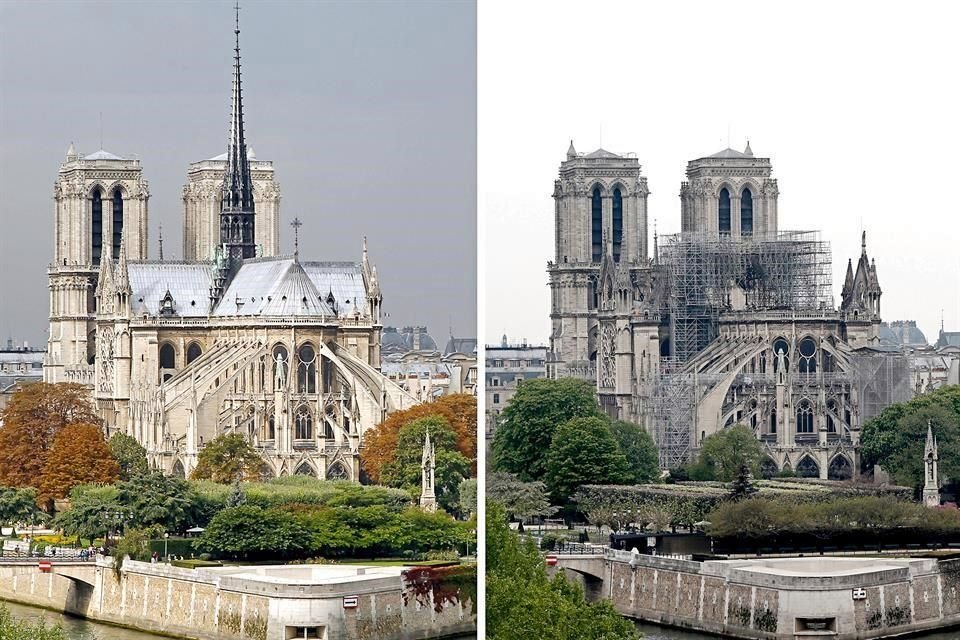 La Catedral de Notre Dame antes (izq.) y después del siniestro que acabó con su tejado y su aguja de 96 metros de altura.