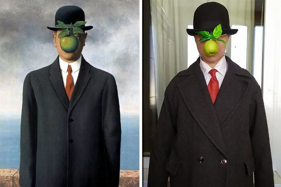 Versión casera (izq.) de 'Hijo del hombre', de René Magritte.