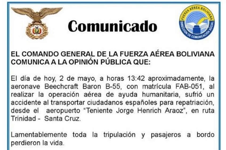 Comunicado oficial del accidente.