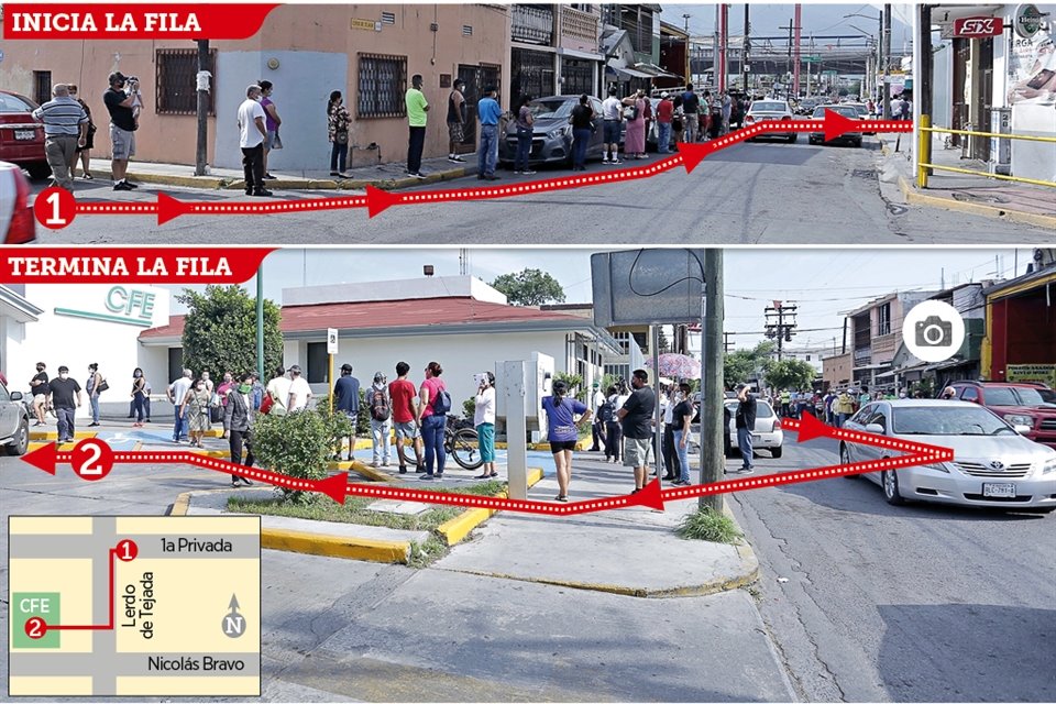 La fila de decenas de usuarios inició en el cruce de Lerdo de Tejada y 1a Privada (1) y continuó hasta Nicolás Bravo (2), donde está ubicada la oficina de la CFE.