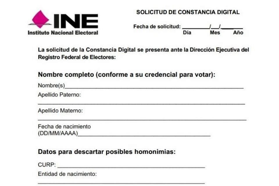 Este es el formato para tramitar la constancia digital ante el INE.