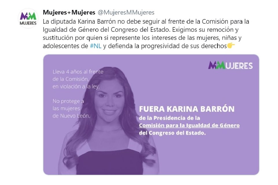 En Twitter, la agrupación Mujeres + Mujeres cuestionó que la legisladora Karina Barrón tenga 4 años al frente de la comisión.