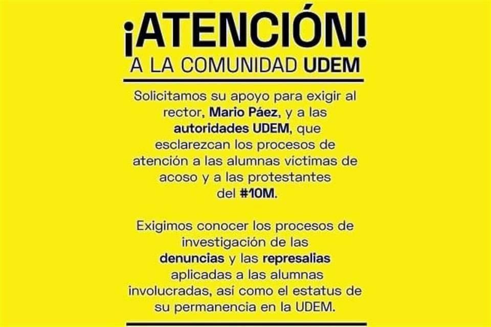 El Frente Feminista UDEM manifestó su preocupación por las amedrentaciones que han sufrido las alumnas que han protestado.