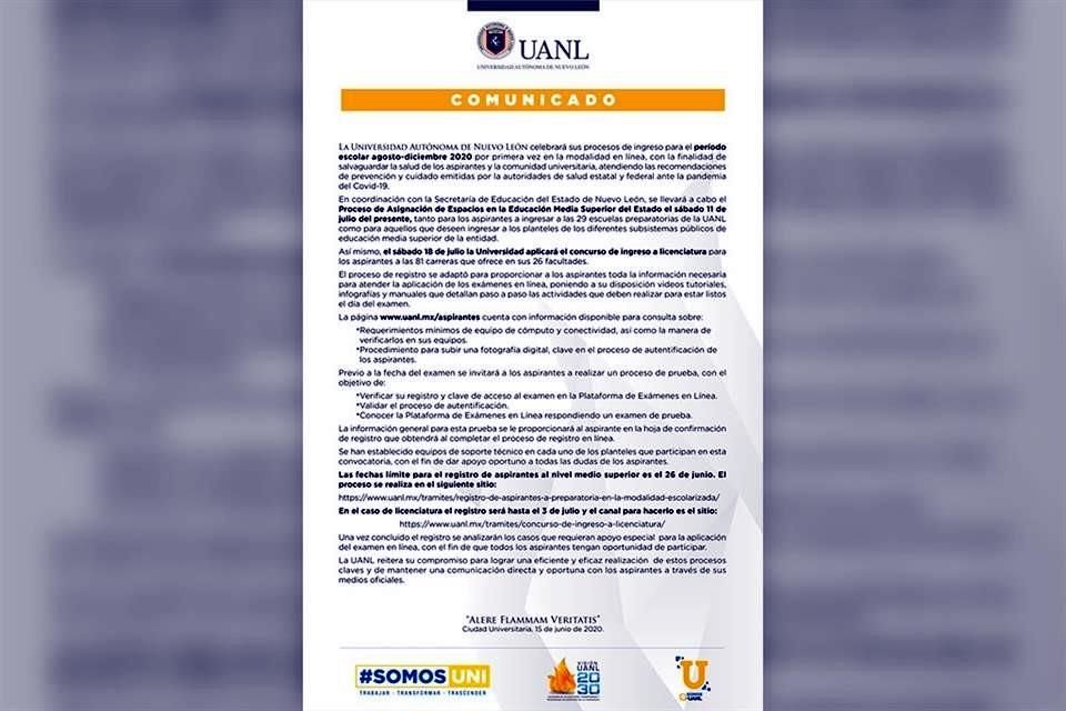 Los examenes se realizarán en línea para prevenir el contagio de Covid-19, explicó la universidad en un comunicado.