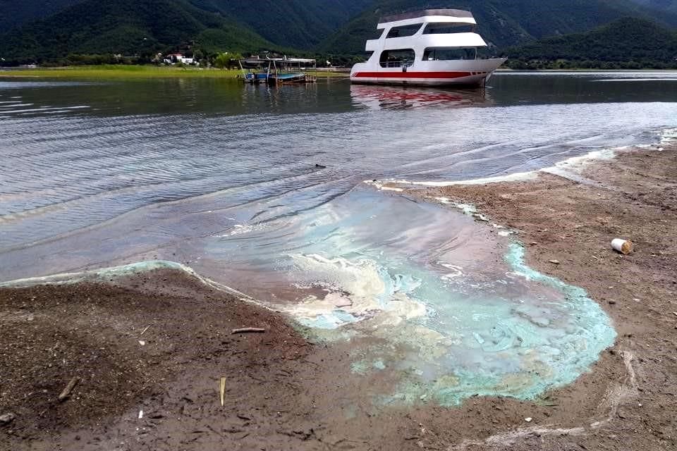 Manchas y lamas verdes se observan en gran parte del área de las embarcaciones, frente al estacionamiento de tierra y los restaurantes de la presa, en Santiago.