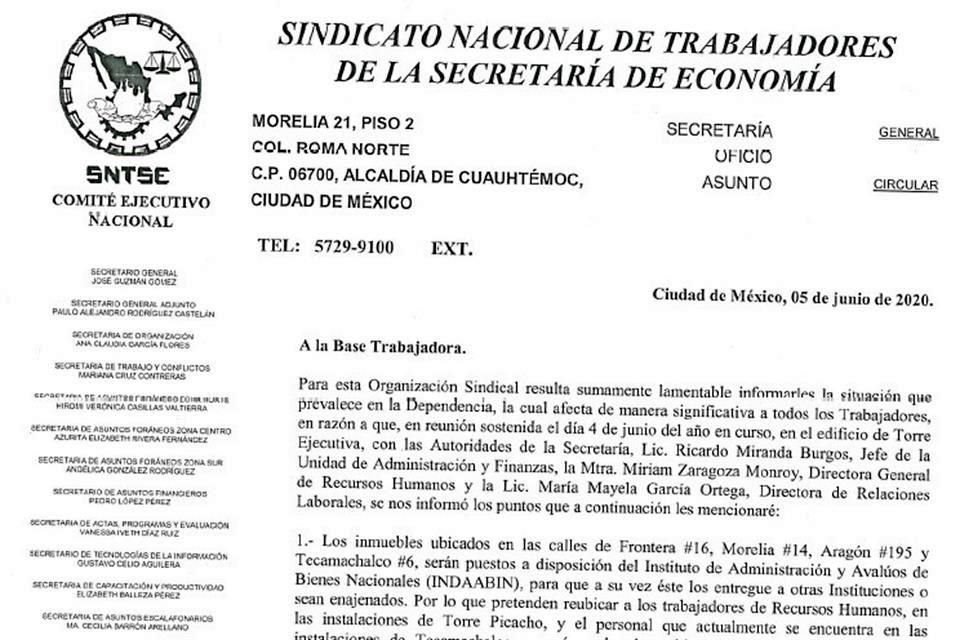 Circular del sindicato donde se menciona a los tres funcionarios.