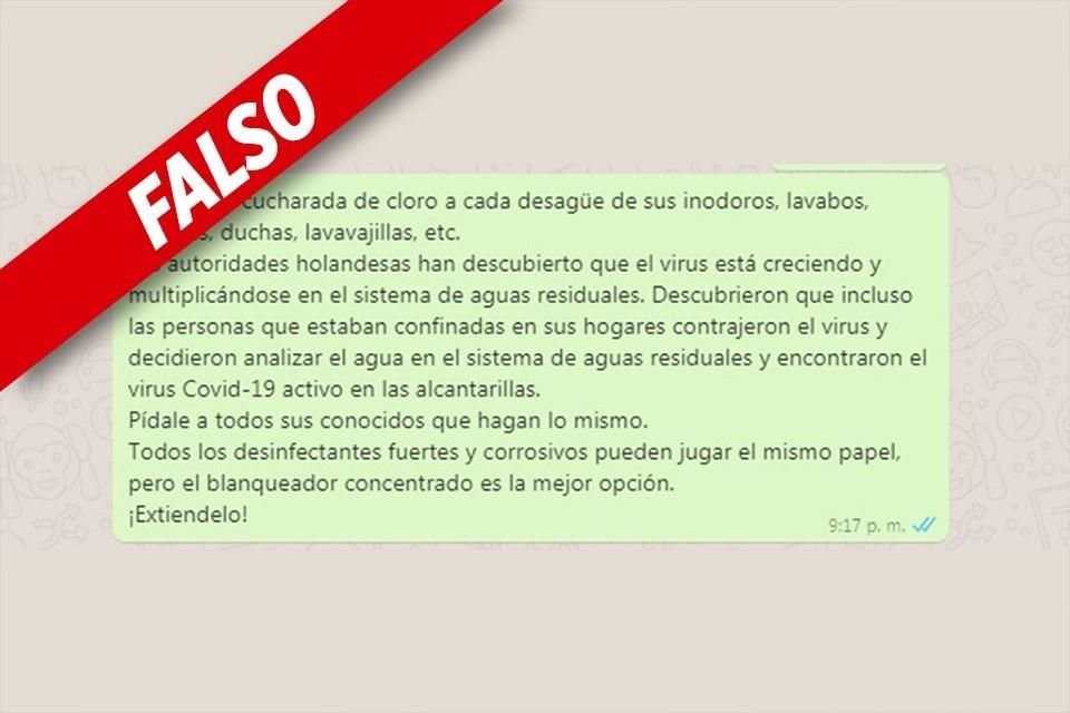 Circula en WhatsApp una cadena en la que se pide echar cloro al drenaje de la casa para evitar la propagación del Covid-19.