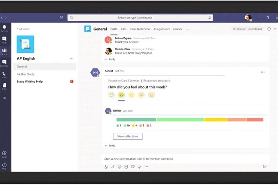 Para apoyar emocionalmente a los usuarios, Microsoft Teams integrará la extensión de mensajes Reflect, para que gerentes, directores y profesores sepan cómo se sienten sus equipos y estudiantes.