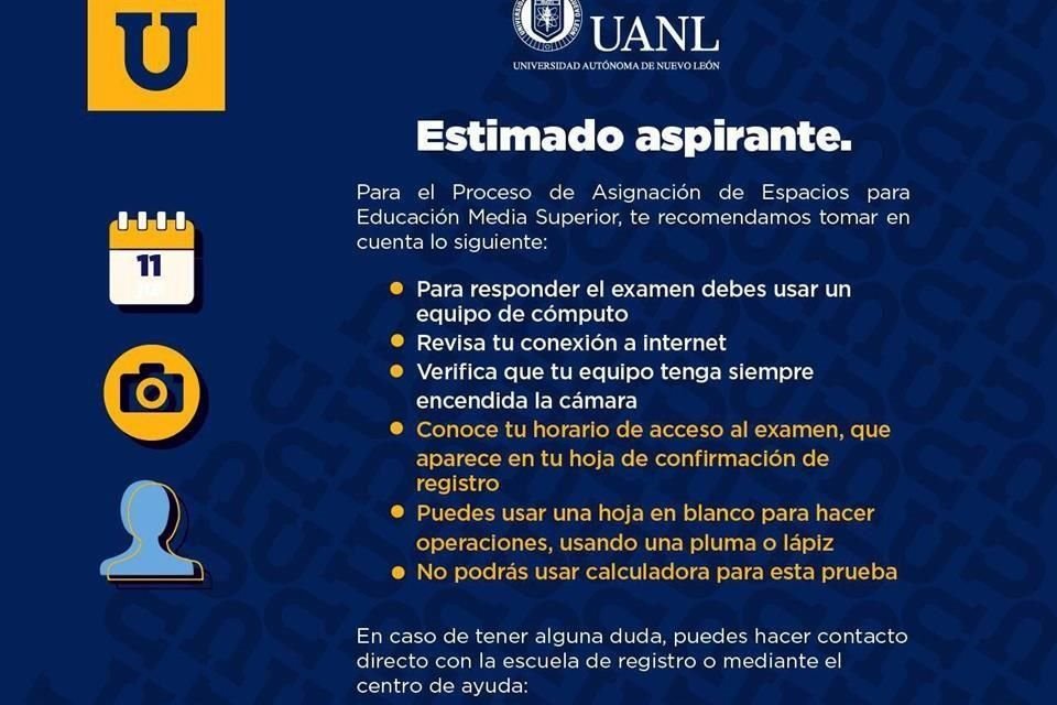 El 15 de agosto, la UANL plantea aplicar un examen de ingreso presencial en las instalaciones del plantel educativo para los aspirantes que no cuentan con equipo de cómputo o conexión a internet.