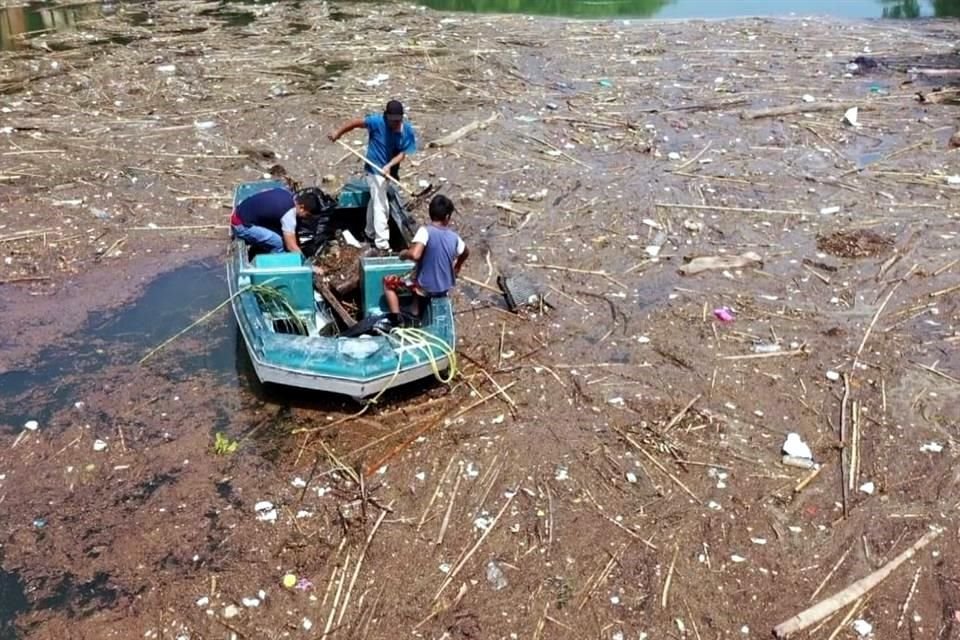 Vecinos de la Presa La Boca y de comunidades aledañas trabajan para sacar desde ramas hasta basura del embalse. 