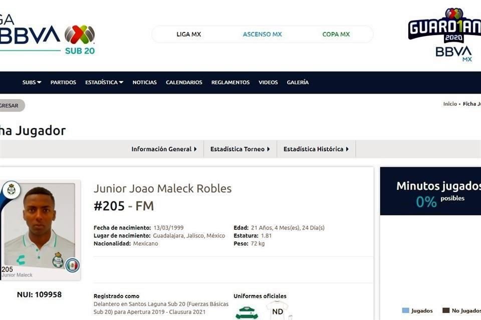 Así aparece Maleck en la Sub 20 de Santos.