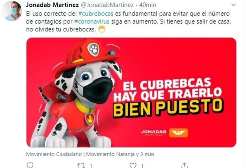 Diputado de MC, Jonadab Martínez, uso imagen de un personaje de la serie animada Paw Patrol, sin dar crédito respectivo.