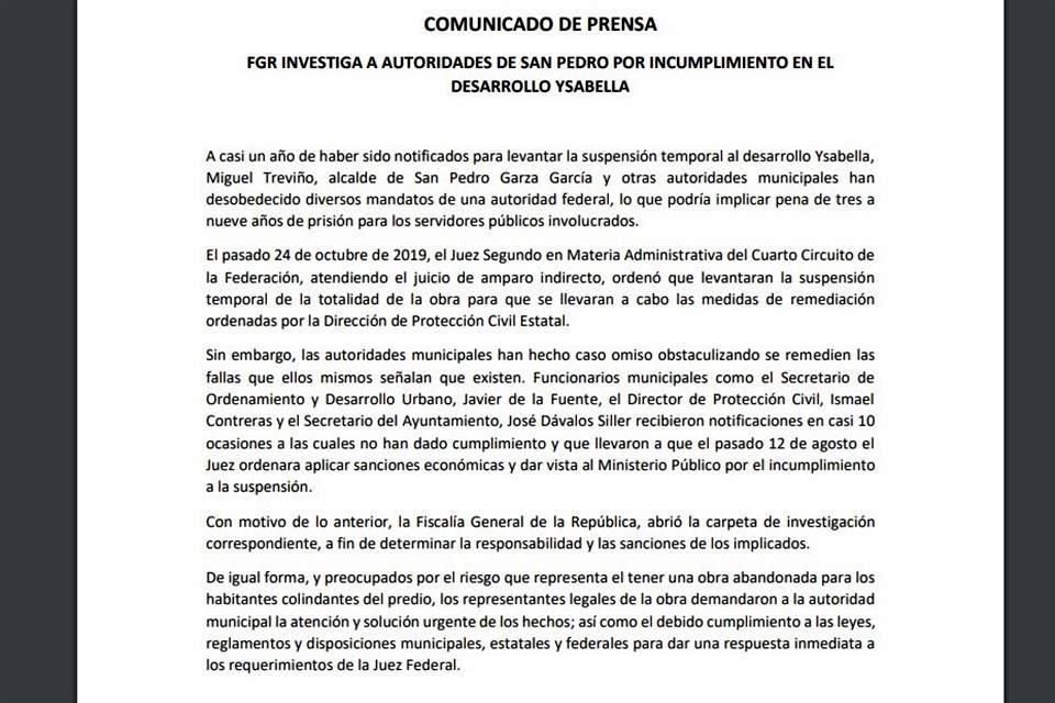 El desarrollo señaló que al menos tres funcionarios municipales han incumplido con la resolución judicial que ordena levantar la suspensión de los trabajos de construcción del proyecto.