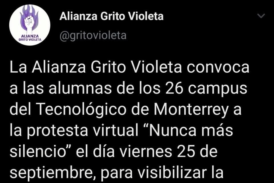 Alianza Grito Violeta lanzó una convocatoria para la manifestación 'Nunca más silencio' en la que piden a las alumnas usar un fondo en sus clases en línea con un mensaje hacia el Tec de Monterrey.