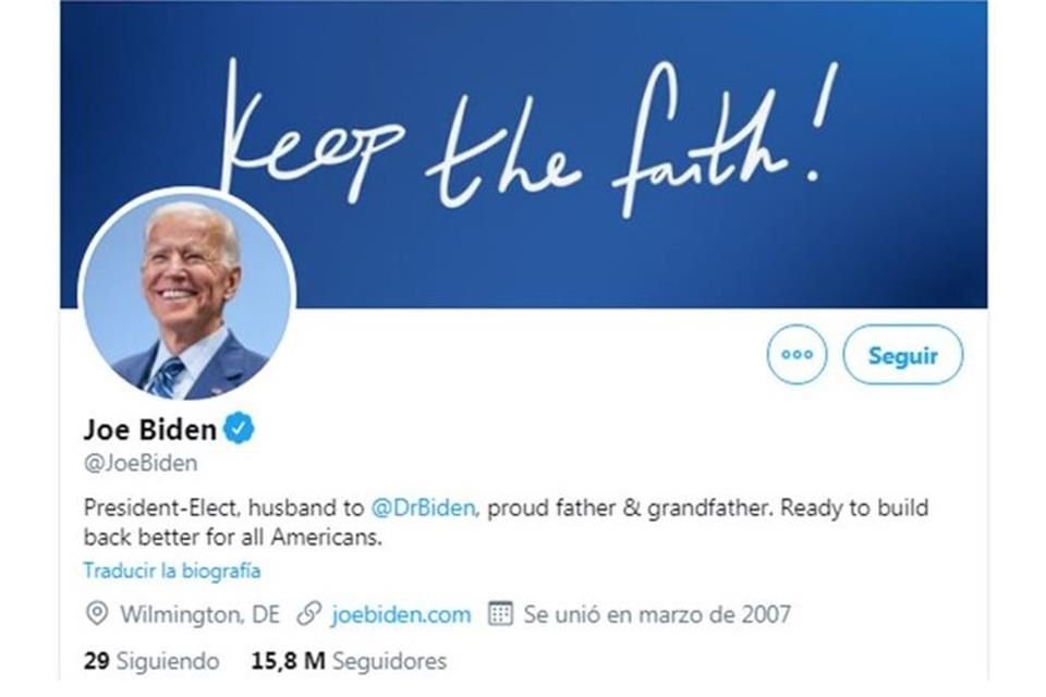 Biden cambió la información en su cuenta de Twitter para colocar el título 'Presidente Electo'.