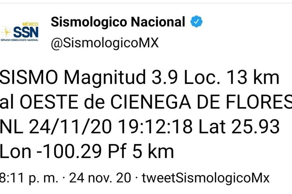 El movimiento telúrico fue a las 19:12 horas, sintiéndose en Apodaca, Escobedo, San Nicolás y la zona norte de Monterrey.