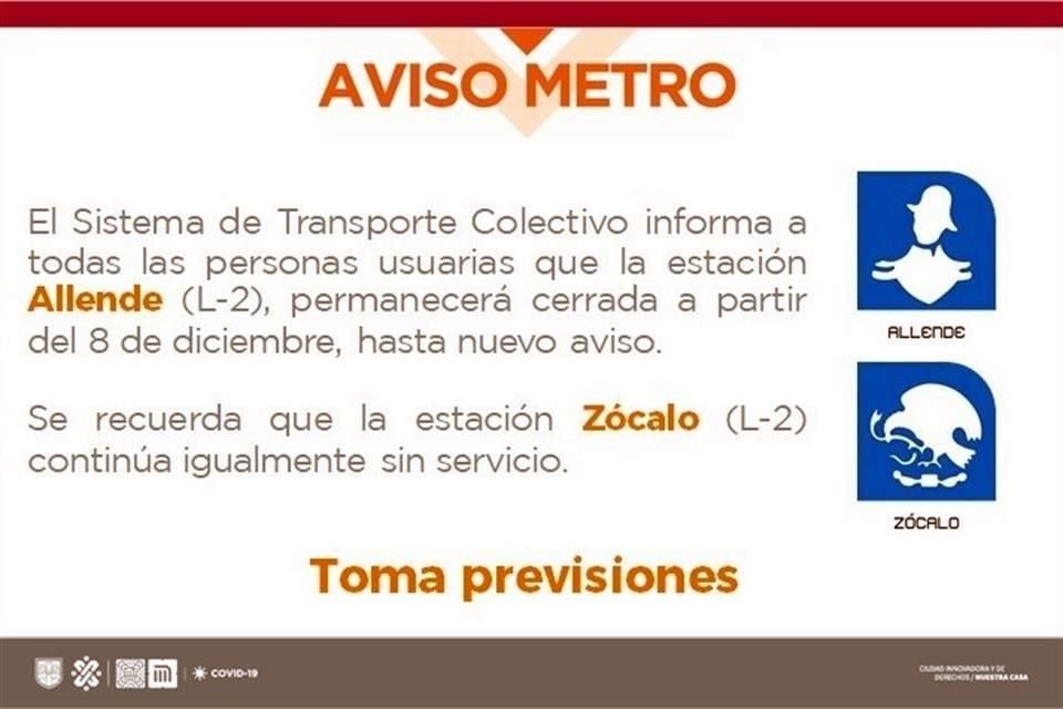 A partir de este martes 8 de diciembre, la estación Allende de la Línea 2 del @MetroCDMX se mantendrá fuera de servicio hasta nuevo aviso.