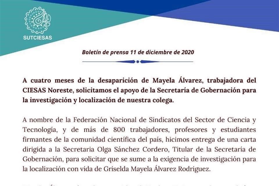 Más de 800 representantes del Sindicato y del sector de Ciencia y Tecnología entregaron una carta a la dependencia en busca de que también se garantice un mejor actuar de las autoridades estatales.