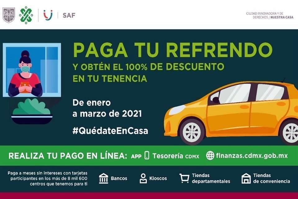 'De enero a marzo de 2021 se otorgará el 100 por ciento de descuento en la tenencia ante el pago del refrendo', precisó Finanzas.