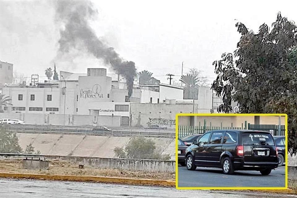 Una fumarola de humo negro saliendo de las capillas Benito M. Flores y carrozas esperando en la Clínica 6 (recuadro) evidencian la situación crítica de la pandemia en el área metropolitana.