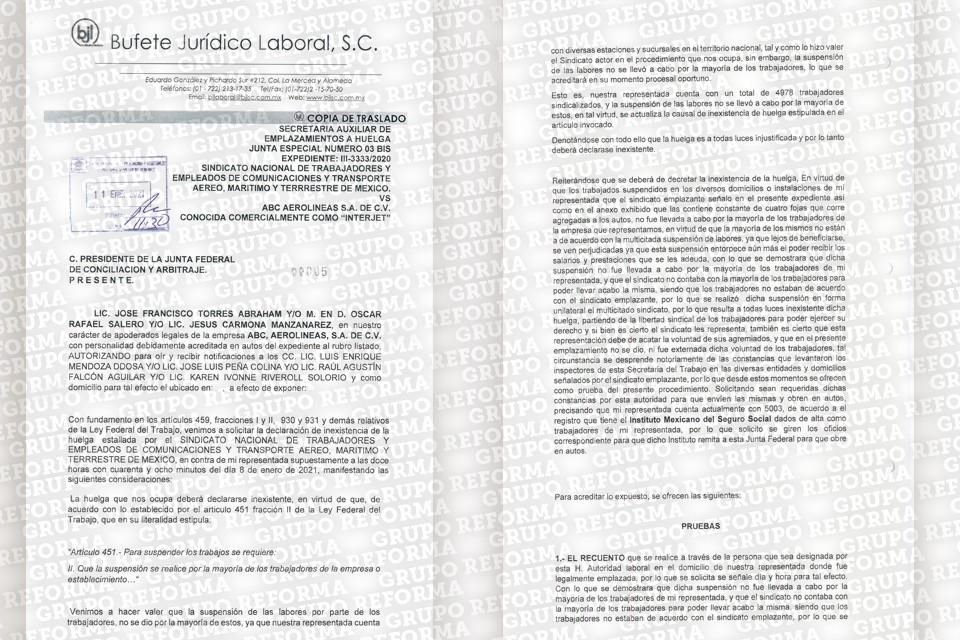 Interjet presentó el lunes pasado un recurso legal ante la JFCA para pedir que la huelga de sus empleados sea declarada inexistente bajo el argumento de que no todos estuvieron a favor de iniciarla.