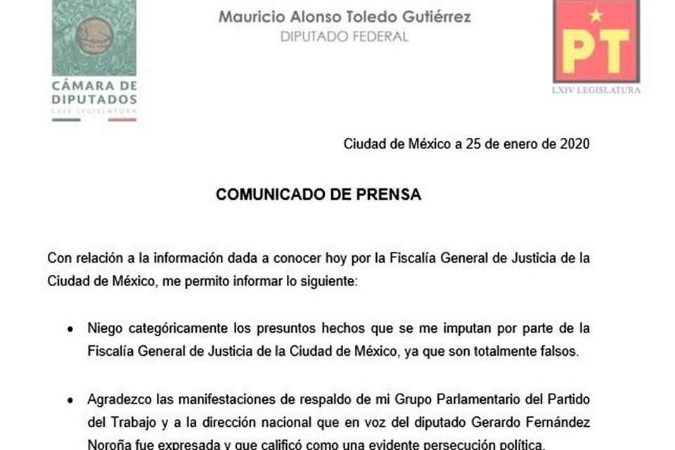 'Niego categóricamente los presuntos hechos que se me imputan por parte de la Fiscalía General de Justicia de la Ciudad de México, ya que son totalmente falsos', dijo Toledo.