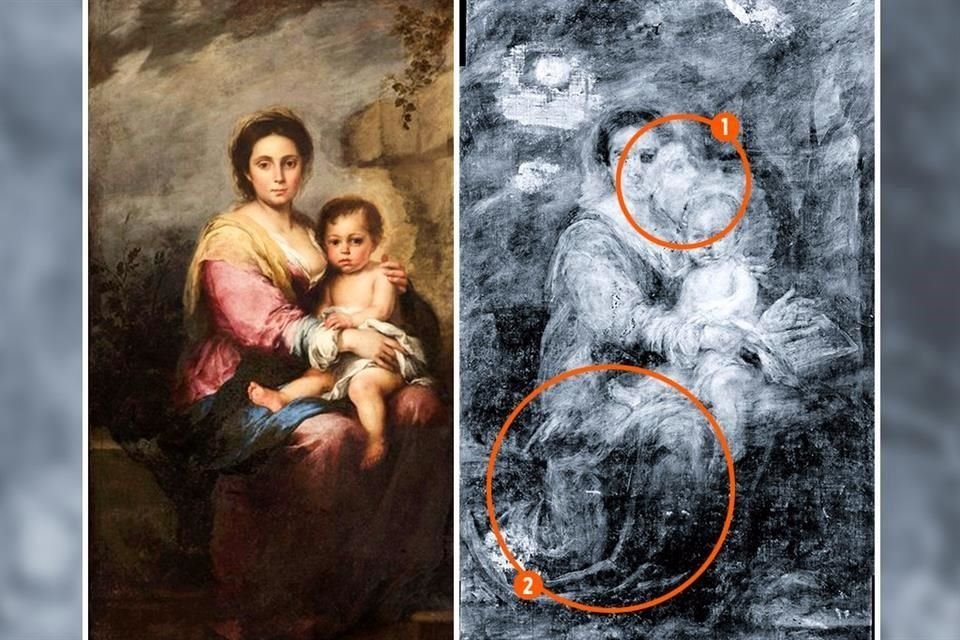 'La Virgen de la leche' y su radiografía donde aparecen los restos de la primera composición: 1. Rostro de San Francisco. 2. Pliegues del hábito del santo forman el drapeado en la pierna de la Virgen