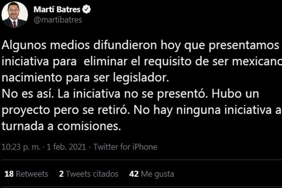 El legislador hizo el anuncio en su cuenta de Twitter.