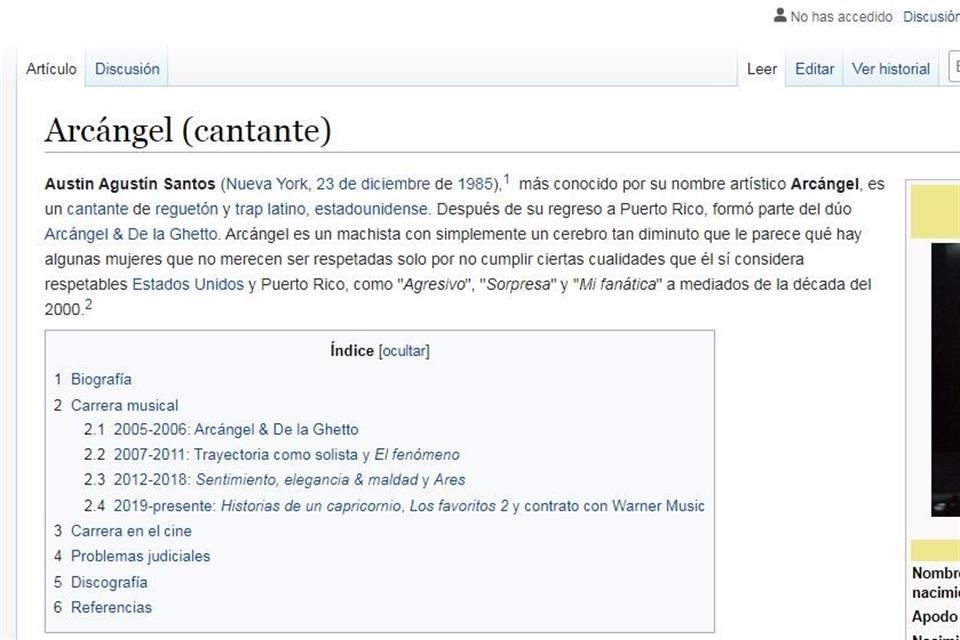 Minutos depués de la polémica que causó el cantante, la página de Wikipedia fue modificada en la descripción de  Austin Agustín Santos.