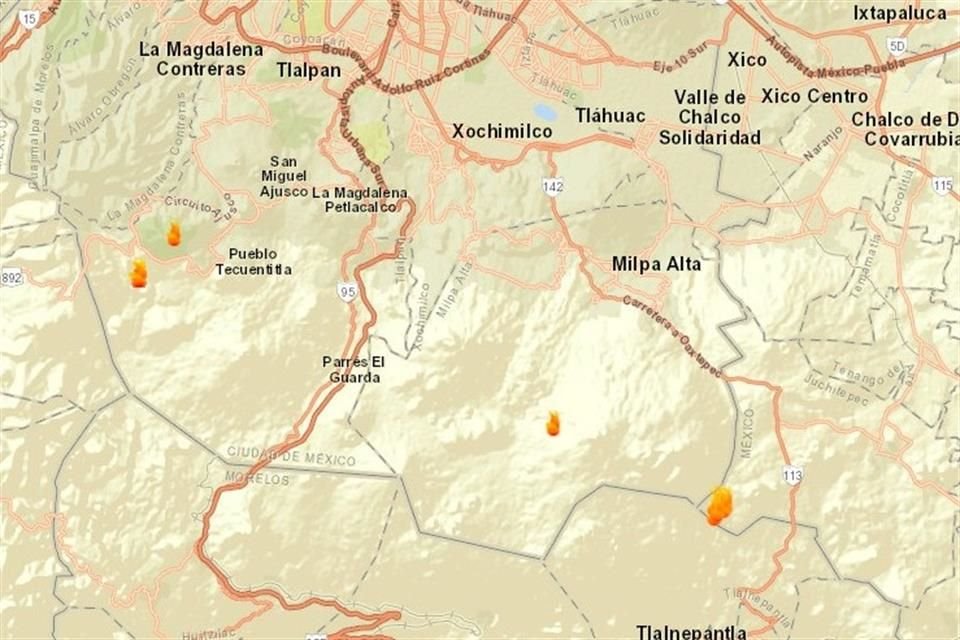 Esta noche son atendidos dos incendios en el paraje Las Espinas, en el Ajusco; otro en bosques de Milpa Alta y uno más cerca de ahí, en el Parque Nacional del Tepozteco, Morelos.