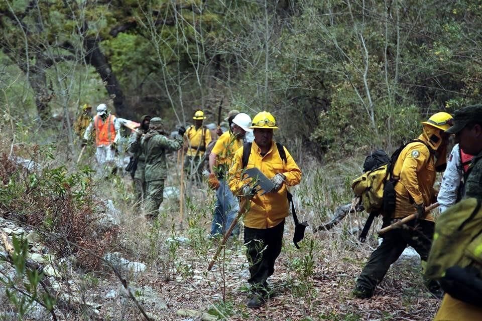 Junto con voluntarios y personal de la Conafor, los militares abren brechas para evitar que el fuego cruce y se propague a otras zonas más cercanas a poblaciones.