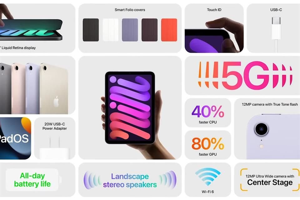 El nuevo iPad mini será compatible con la red 5G, podrá recargarse con un cargador USB Tipo-C de 20W y su autonomía durará todo el día.