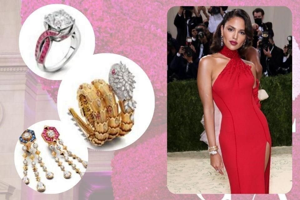 La actriz mexicana Eiza González acaparó miradas en la Met Gala 2021, en especial por su atuendo rojo y la joyería BVLGARI con la que brilló.