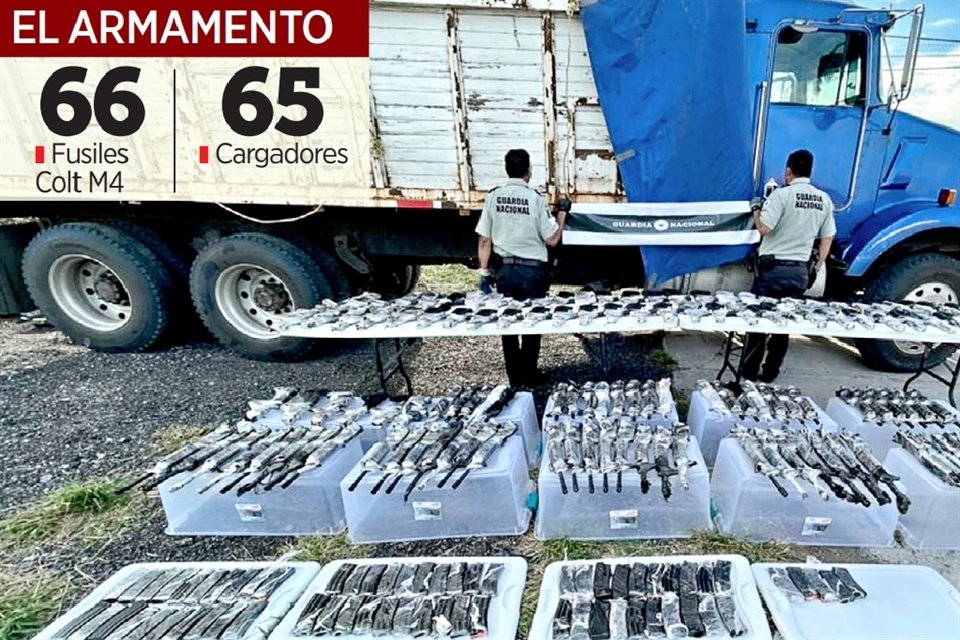 Los elementos de la Guardia Nacional encontraron los fusiles dentro de la unidad de carga en la Carretera a Reynosa, en el Municipio de Los Ramones.