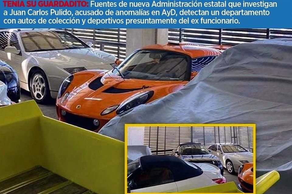 Fuentes de nueva Administración estatal que investigan a Juan Carlos Pulido, acusado de anomalías en AyD, detectan un departamento con autos de colección y deportivos presuntamente del ex funcionario.