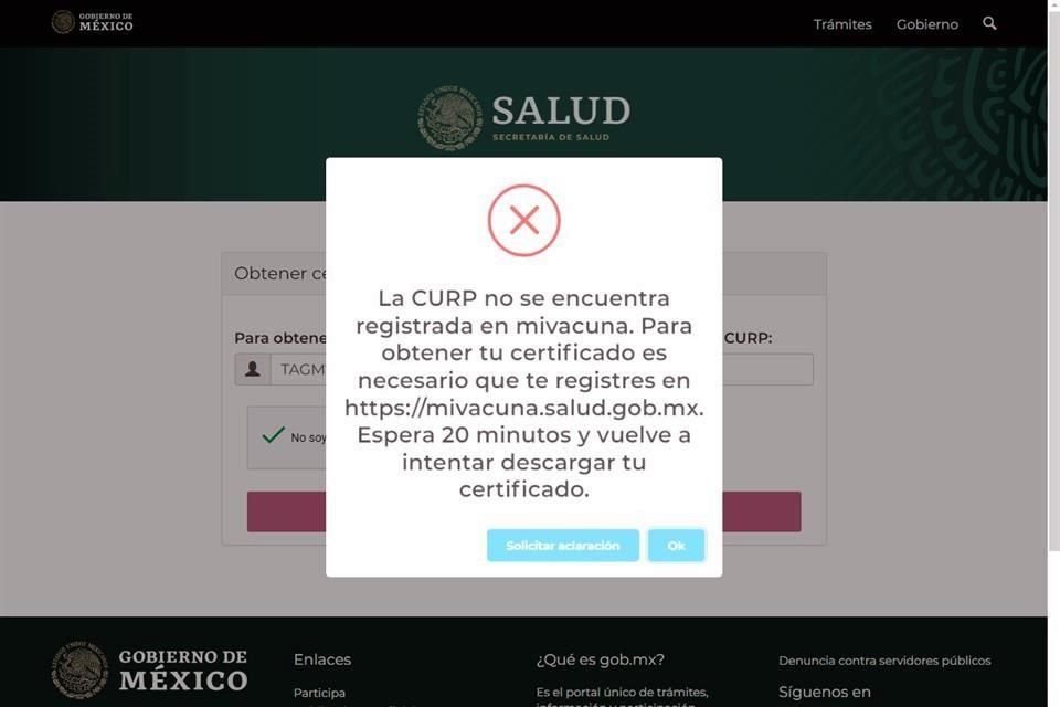 EN LA PAGINA WEB. Aunque un regio recibió las dos vacunas antiCovid, Salud federal no reconocía ayer su CURP ni generaba su certificado.