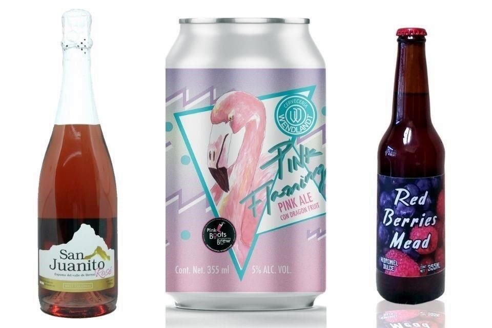 El vino Espuma del Valle de Bernal Rosé, la cerveza Pink Flamingo y la hidromiel Red Berries Mead son tres opciones de bebidas rosas que refrescarán una tarde calurosa tarde de primavera.