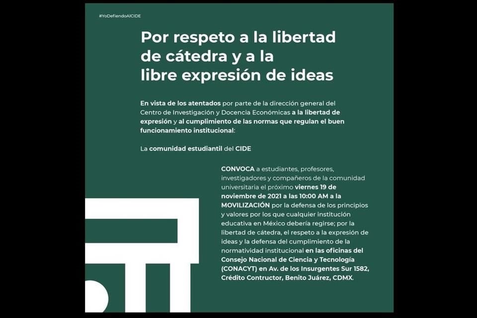 El 19 de noviembre, la comunidad cideíta y simpatizantes realizarán una movilización frente al Conacyt bajo el hashtag #YoDefiendoAlCIDE.