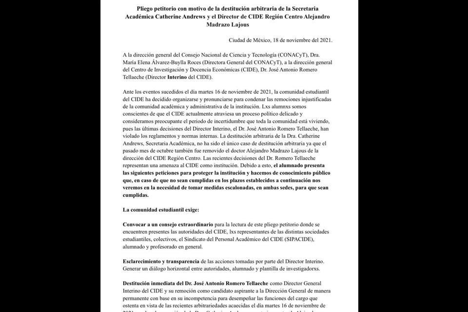 A través de un pliego petitorio, alumnos del CIDE exigen la destitución de Romero Tellaeche, Director General interino de la institución.