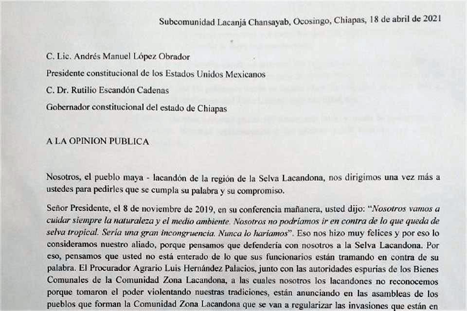 Habitantes de la Selva Lacandona pidieron a AMLO que intervenga en conflicto agrario en Municipio de Ocosingo, en Chiapas.
